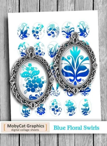 Blue Floral Swirls Printable Oval images