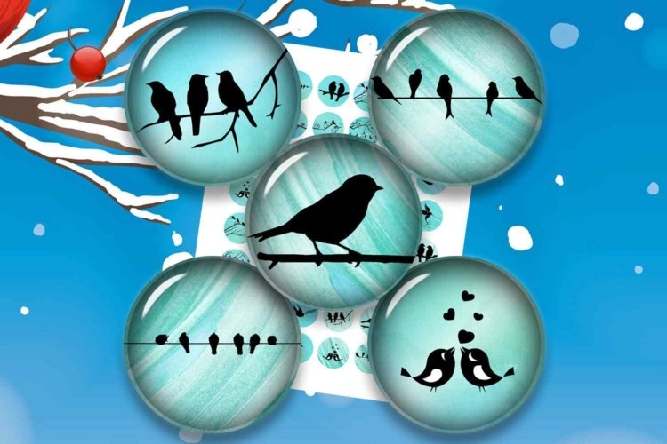 Blue Images Bird Silhouettes Digital Collage Sheet Circles