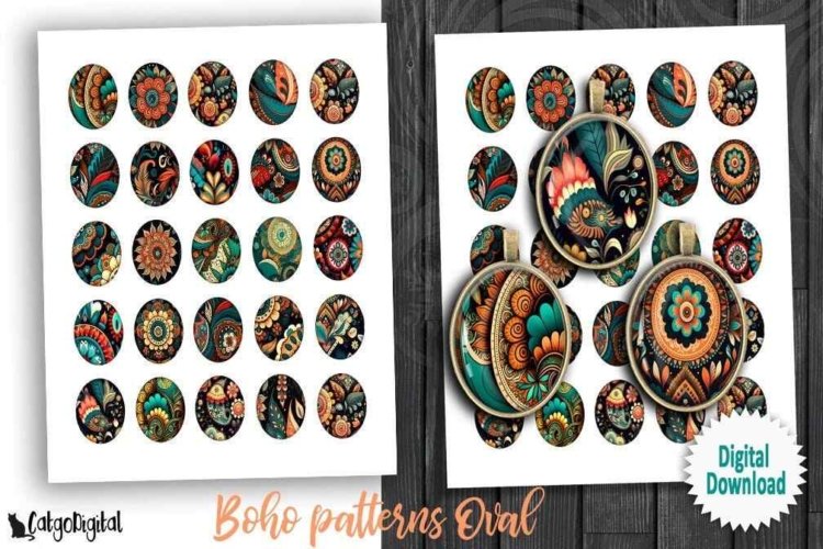 Boho Pattern Oval Printables Digital Collage Sheets