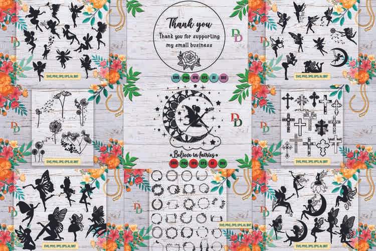 Bundle SVG Silhouettes of Fairies Crosses Wreaths Dandelions