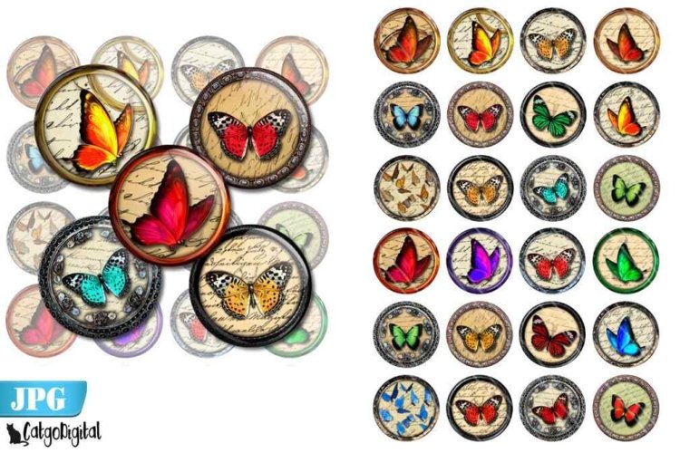 Butterflies Bottle cap images Digital Collage sheet