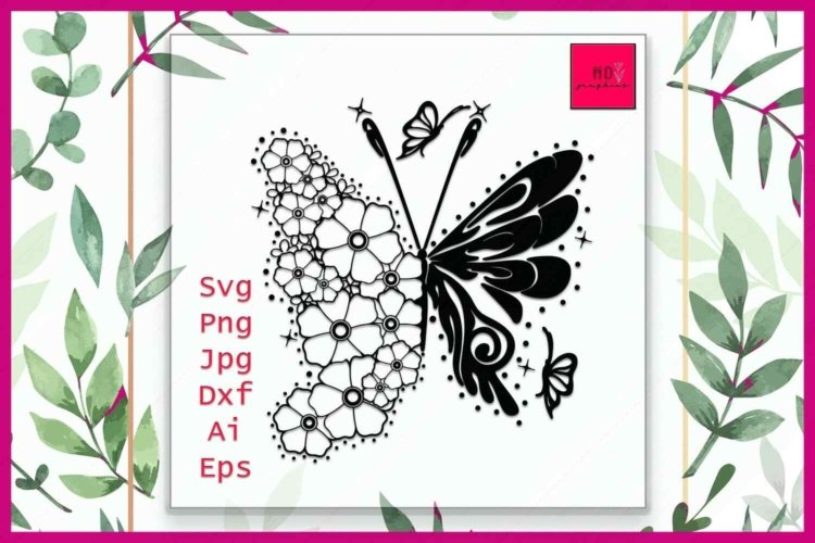 Butterfly with Flowers Silhouette SVG File and Clipart