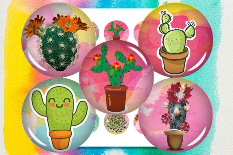 Cactus Succulents Digital Collage Sheet Printable Circles