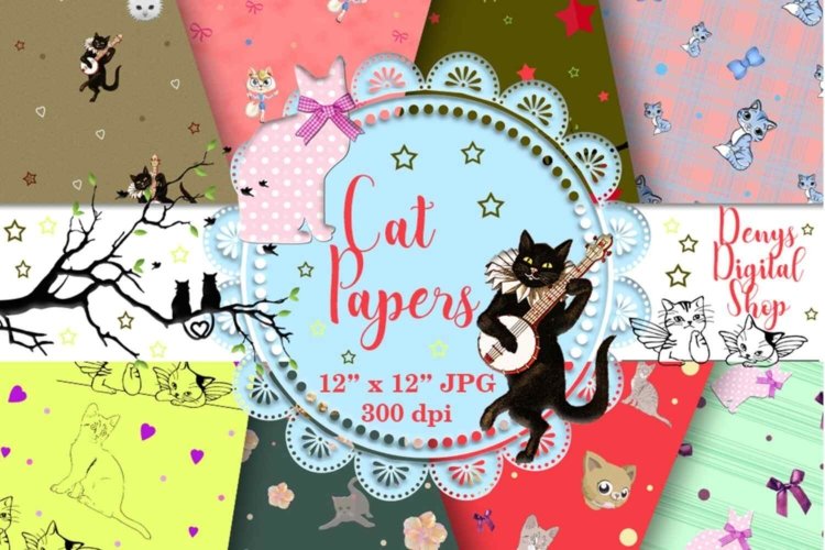 Cat Digital Paper Cat Scrapbook Cat Cards For Printable