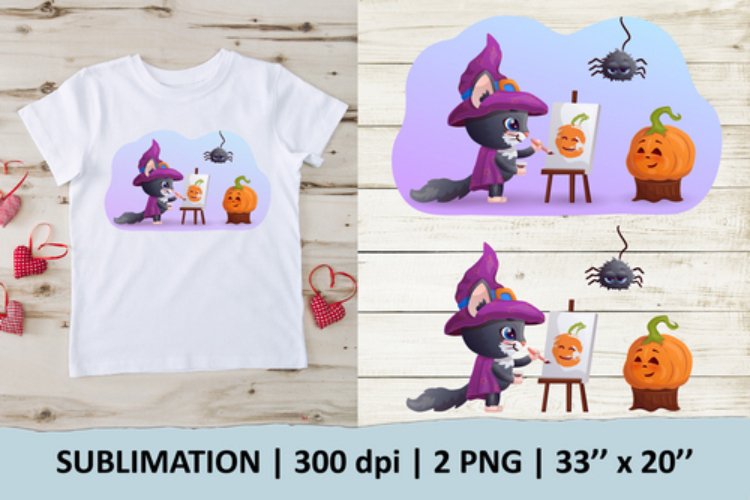 Cat is drawing pumpkin portrait sublimation design