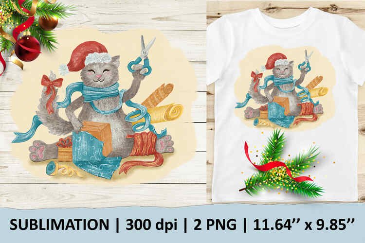 Cat wrapping gifts for Christmas and New Year, sublimation