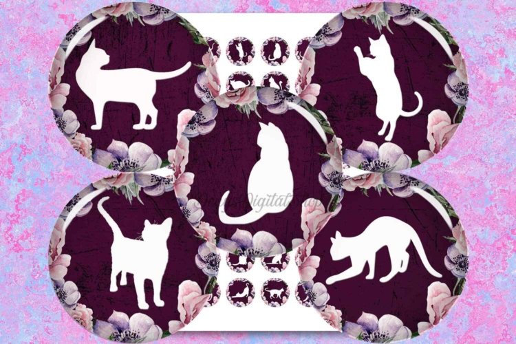 Cats Silhouette Digital Collage Sheet Flowers Circle Cats