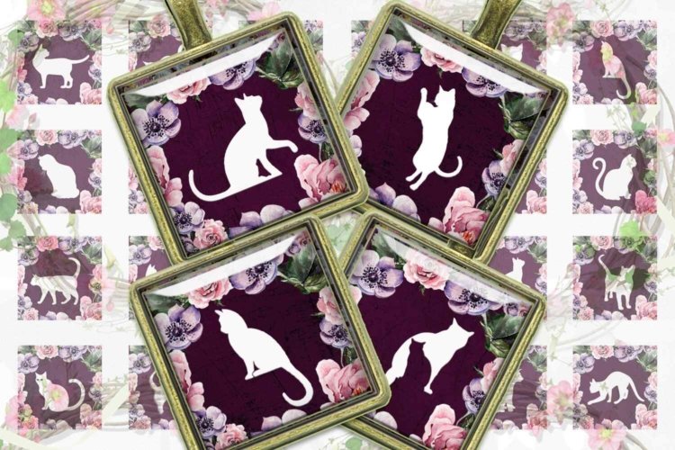 Cats Silhouettes Digital Collage Sheet Cats Flowers Squares