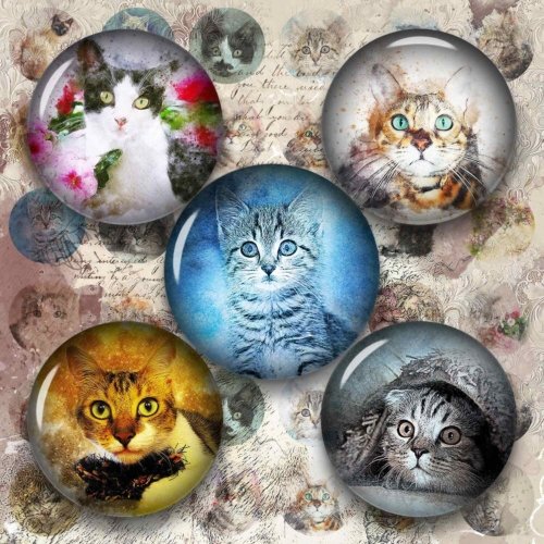 Cats Vintage Digital Collage Sheet Cats with Flowers Circle