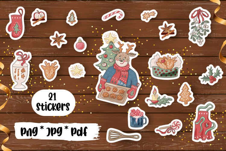 21 Christmas stickers – Reindeer is baking cookies.