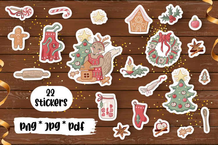 22 Christmas stickers – Fox is making gingerbread hous