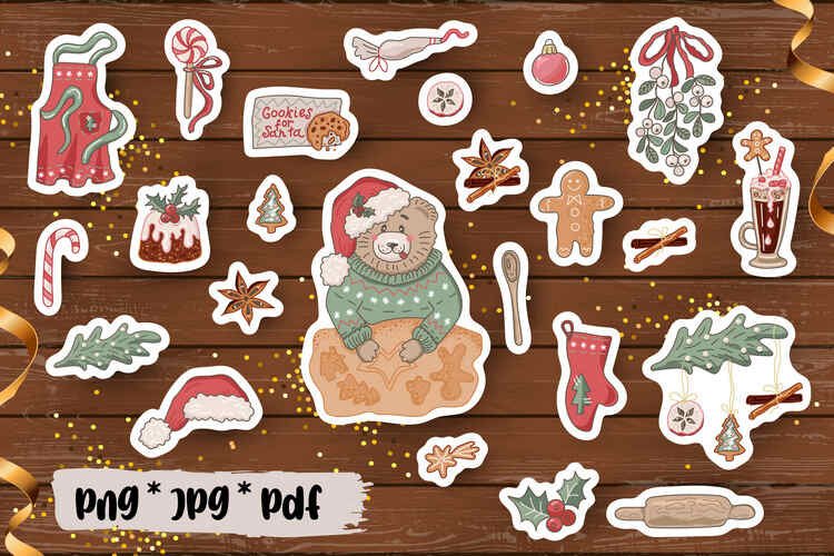 24 Christmas digital stickers – Bear is baking cookies.