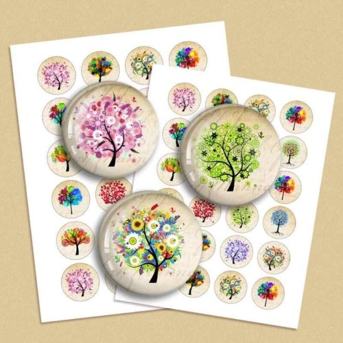 Colorful Trees Digital Collage Sheet Circle images