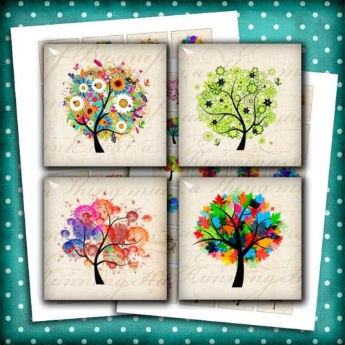 Colorful Trees Square Printable Digital Collage Sheet