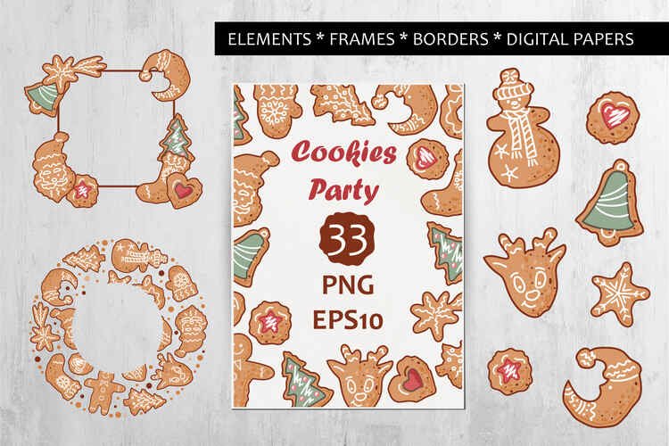 Christmas cookies frames, borders, elements, digital papers.