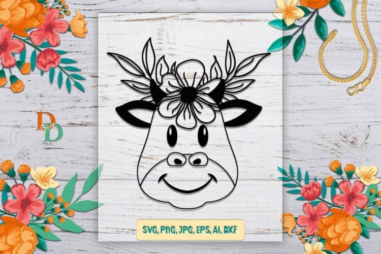 Cow SVG File Cow With Flower Crown on Head Printable PNG