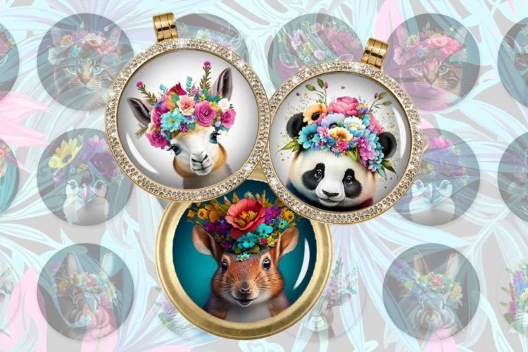 Cute Animals With Flowers Crown Digital Collage Sheet