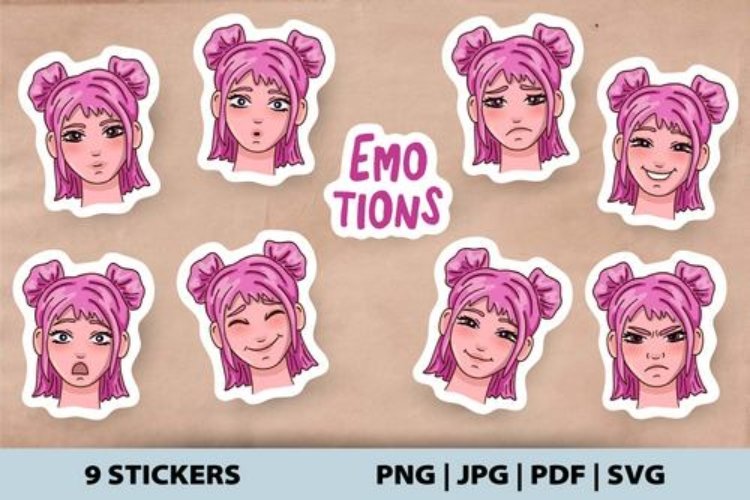 Cute girl’s emotions printable stickers – 9 imag