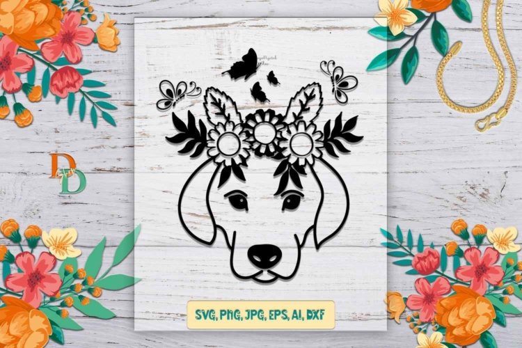 Dog SVG File With Flowers Animal Face for Printable