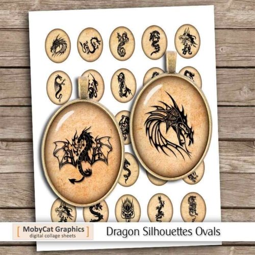 Dragon Silhouettes Oval Images Digital Collage Sheet