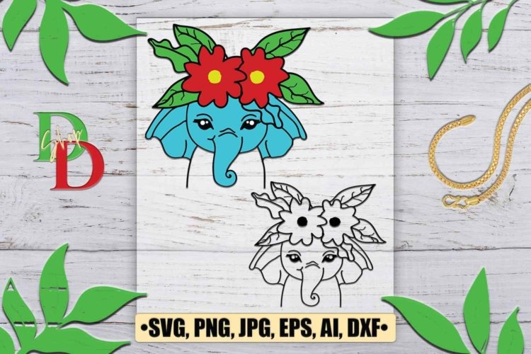 Elephant SVG Floral Wreath PNG Printable File