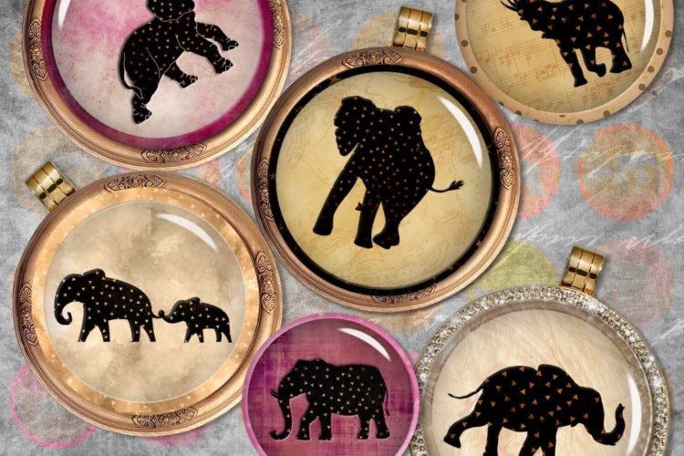 Elephants Digital Printable Sheet Cabochon images Rounds