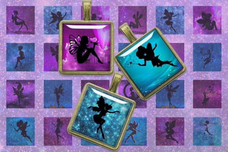 Fairies Silhouettes Digital Collage Sheet Squares for Prints