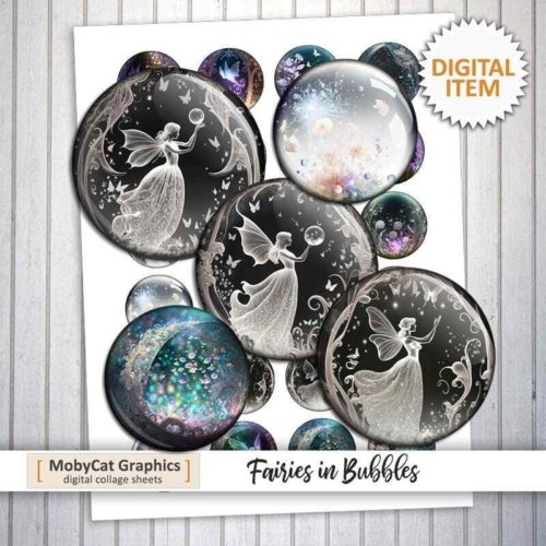 Fairies in Bubbles Printable Digital Collage Sheet