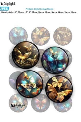 Fantasy Butterflies Printable Circles Digital Collage Sheets