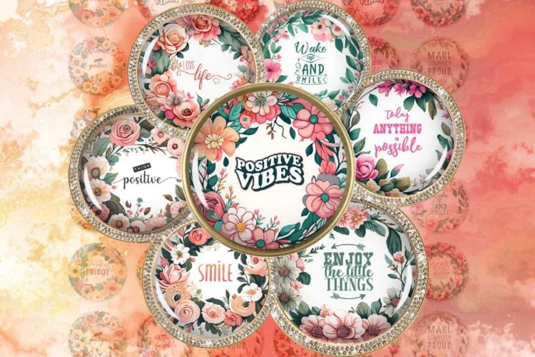 Flowers Wreath with Quotes Digital Collage Sheet Circles