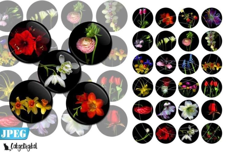 Flowers on Black printable circle images