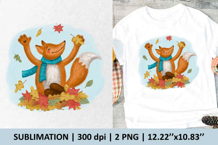 Fox with falling leaves – 1 sublimation design, 2 PNG