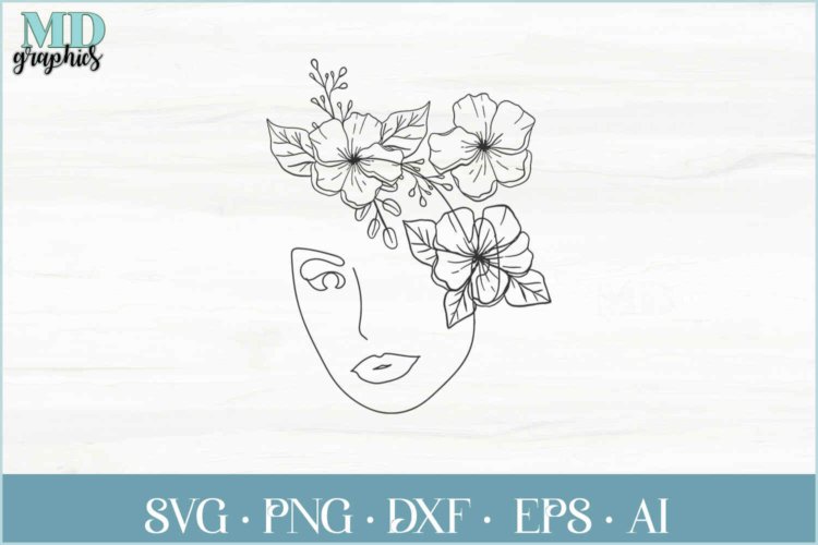 Girl with Flowers SVG Girl Face Line Art Woman Face SVG