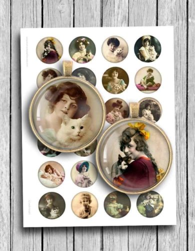 Girls with Cats Printable Digital Collage Sheet