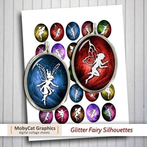 Glitter Fairy Silhouettes Ovals Digital Collage Sheet