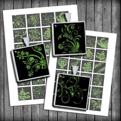 Green Floral Swirls Squares Printable Digital Collage Sheet