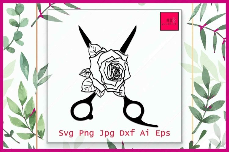 Hairdresser’s Scissors Silhouette with Rose SVG