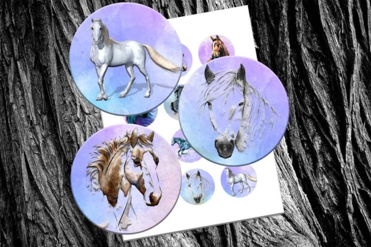 Horses Digital Collage Sheet Watercolors Illustrations Image