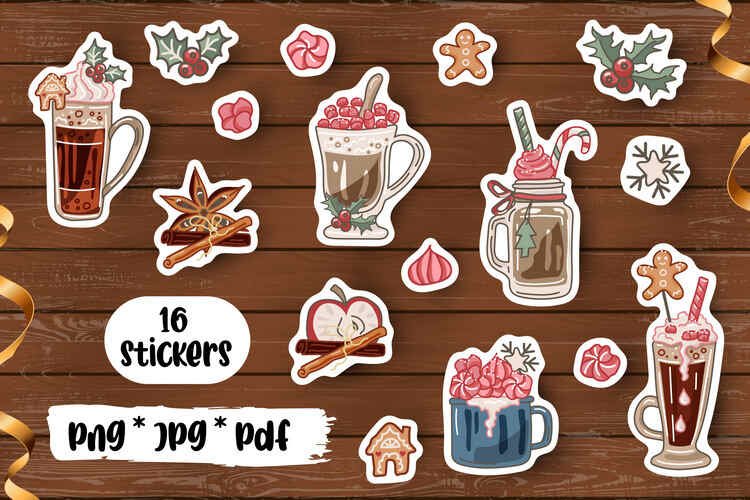 16 Christmas stickers – Winter holidays hot drinks.