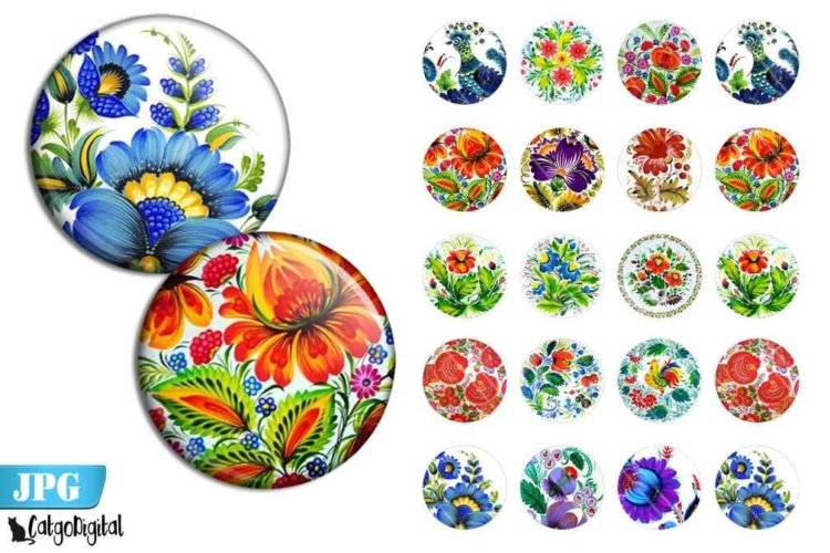 Khokhloma Folk Art bottle cap printable circle images