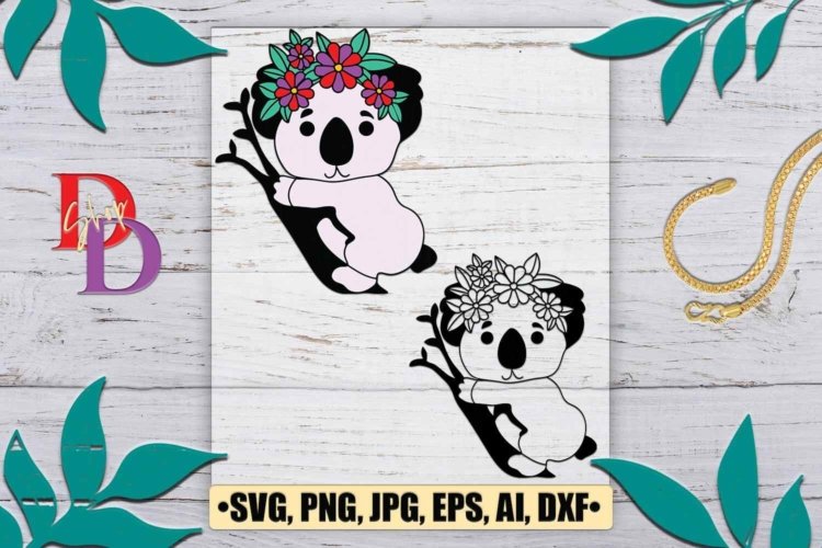 Koala Drawing SVG File With Flower Crown on Head SVG File fo