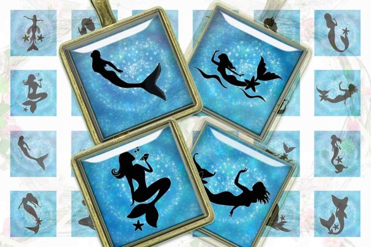 Mermaid Digital Collage Sheet Squares Images for Pendants