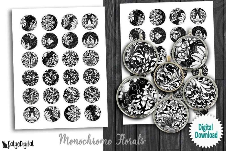 Monochrome Florals Printable circle Digital Collage Sheet