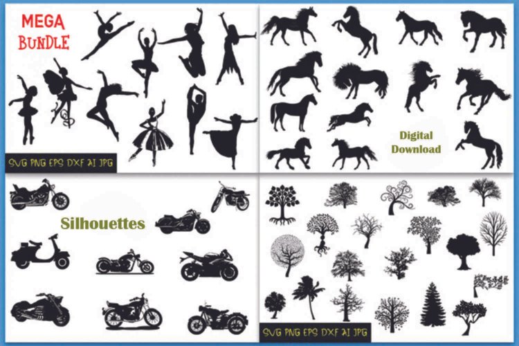 Motorcycles Ballerinas Horses Trees Silhouettes SVG