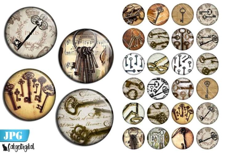 Old Keys Bottlecap images Steampunk Digital collage sheet