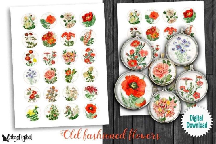 Old fashioned Flowers Printable images Digital Collage Sheet