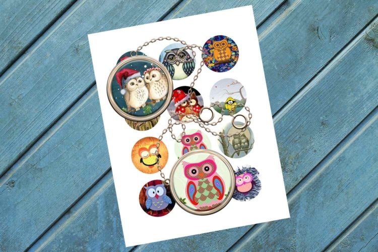 Owls Circle Images Digital Collage Sheet for Jewelry Making