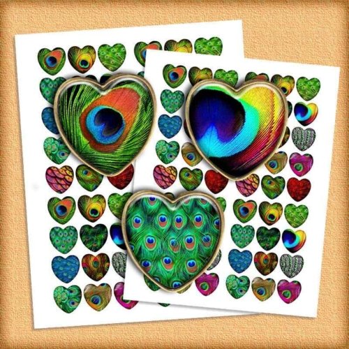 Peacock Feathers Heart Shaped Digital Collage Sheet