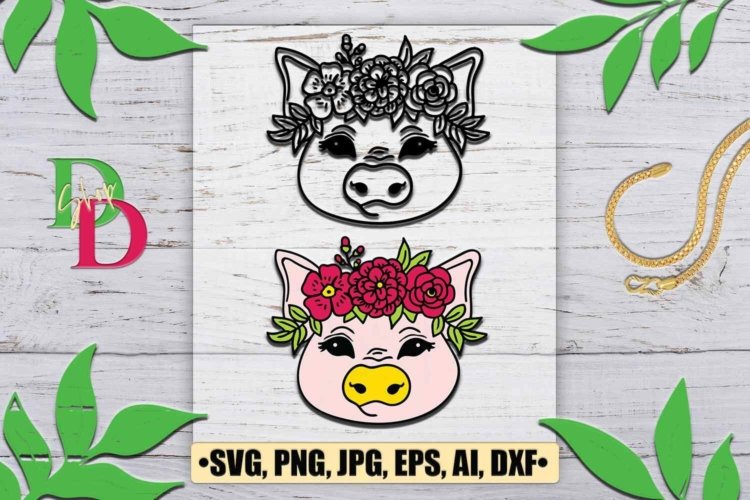 Pig SVG file Pig with Flower Crown SVG Pig cut file SVG