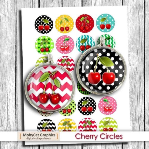 Printable Circles Cherries Digital Collage Sheet